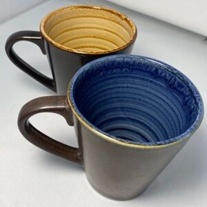 2 Starbucks Pottery Coffee Mugs 12oz Made in Portugal Brown w/ Tan, Blue